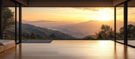 Poster - Mountain view at sunset from modern home interior with empty space for text and promotion designs in cozy environment