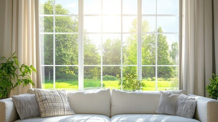 Poster - Bright and airy modern living room with comfortable sofa and lush garden view through large windows inviting natural light indoors.