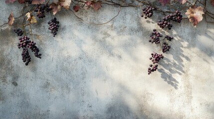 Poster - Grape Vine Shadows on Weathered Concrete Wall with Textured Background and Autumn Leaves
