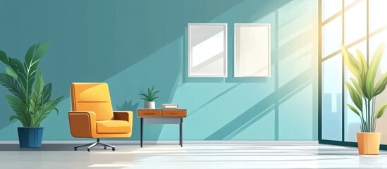 Poster - Bright minimalist office interior featuring modern furniture, large windows, and ample space for text or branding elements.