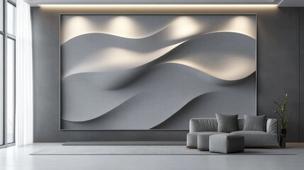 Poster - Contemporary Eco Style Living Room Wall Mockup with Fabric and Soft Light Design