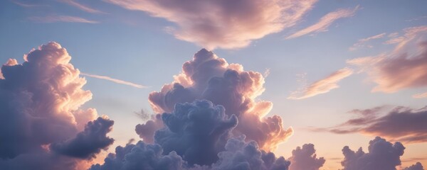 Wall Mural - soft focus bokeh of pastel-colored clouds against a clear blue sky at sunset, bokeh, gentle hues