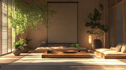 Poster - Japanese Inspired Modern Living Room with Clean Lines Natural Materials and Minimalist Design Emphasizing Simplicity and Functionality
