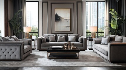 Poster - Elegant Modern Living Room Featuring Gray Soft Furnishings and Stylish Decor with Abundant Natural Light and Contemporary Design Elements