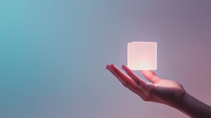 Poster - Mysterious Hand Holding a Glowing Cube Radiating Soft Light Against a Gradient Background