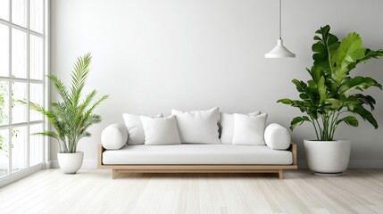 Poster - Minimalist living room design with light tones and indoor plants for a serene atmosphere and contemporary aesthetic