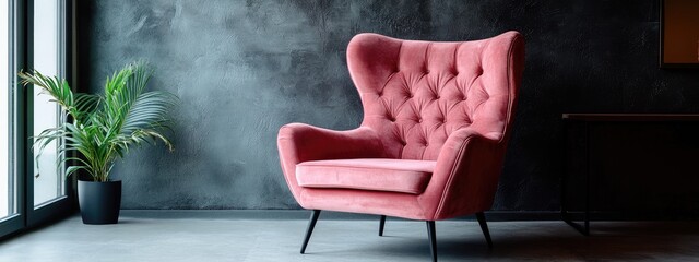 Poster - Dramatic pink velvet lounge chair in modern interior space with empty wall for customizable home decor and styling elements