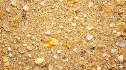 Poster - Natural beach background featuring assorted shells and small stones on sand with a textured surface, ideal for nature-themed projects.