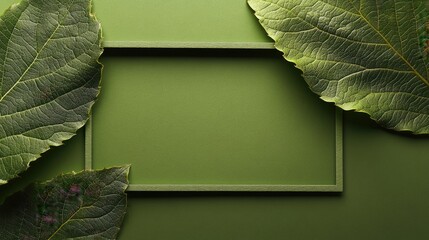 Poster - Green leaf frame on green background creating a serene minimalistic design perfect for banners or cards showcasing copy space.