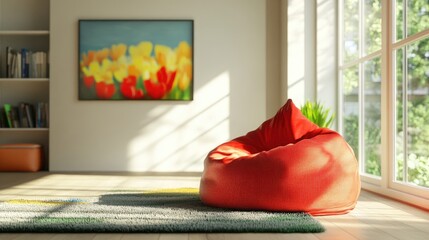 Poster - Cozy modern living room featuring a vibrant red bean bag in a sunlit space with colorful artwork and natural light streaming through windows