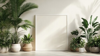 Poster - Minimalist interior mockup featuring an empty white frame surrounded by attractive potted plants in a bright, airy space.