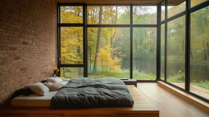 Poster - Modern bedroom design featuring a bed by expansive windows showcasing a serene natural view with autumn foliage.