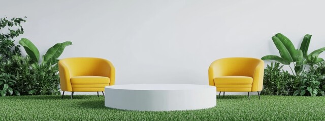 Poster - Modern exhibition stage setup with white podium and yellow accent chairs against a minimalist white wall and lush green grass for product display.