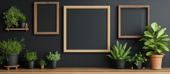 Poster - Modern Living Room with Black Wall Display featuring Wooden Frames and Potted Plants for Interior Design and Copyspace for Text