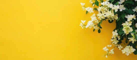Poster - Moringa flowers against a bright yellow wall providing ample empty space for text or graphic overlay.