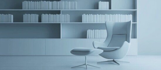 Poster - Modern armchair and ottoman in minimalist interior with white bookshelf and empty space for customizable text or design elements
