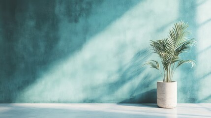 Poster - Minimalist Soft Blue Gradient Wall Texture with Potted Plant and Natural Light for Interior Design and Home Decor Context