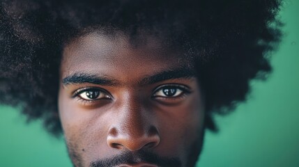 Confident man showcasing a bold afro hairstyle with a vibrant green background for a striking visual impact.