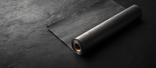 Poster - Black Paper Roll Unrolled on Dark Surface with Copyspace for Text and Artistic 2D Illustration of Baskir Horse from Above View