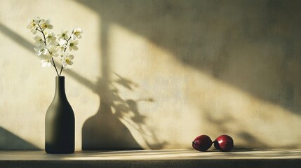 Poster - Elegant Minimalist Still Life with Vase and Apples in Soft Natural Light Creating a Serene Atmosphere Perfect for Home Decor or Art Display