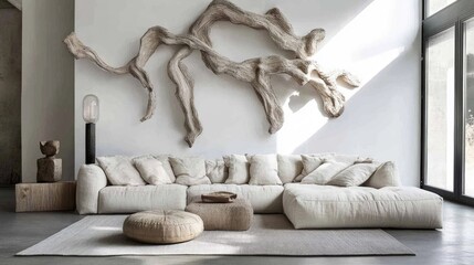 Poster - Modern Minimalist Living Room Featuring Natural Elements with Textured Sofa and Artistic Wall Decor in Neutral Tones