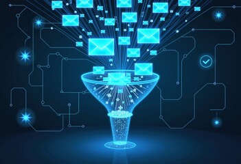Poster - Digital marketing funnel in action: filtering emails into personalized customer journeys, loyalty programs, targeted advertising, product recommendations