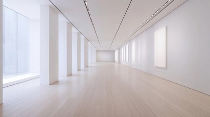 Poster - Modern minimalist white interior with light wood flooring in spacious empty room featuring clean lines and ample natural light
