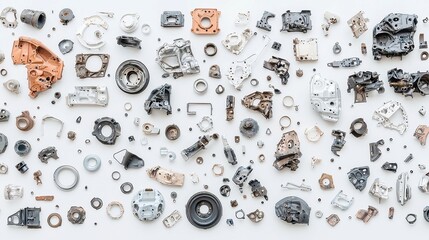 Poster - Deconstructed Vehicle Assembly, a complex arrangement of metal parts spread across a concrete surface, showcasing industrial design and the beauty of disassembled machinery