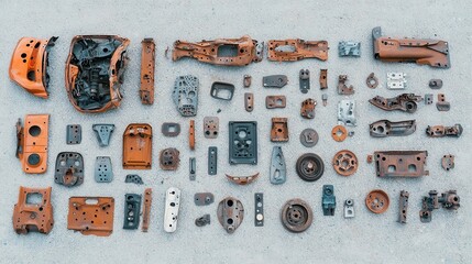 Poster - Deconstructed vehicle, scattered metal components on concrete, industrial setting, urban decay, intricate details revealing structure, inviting exploration of form and function
