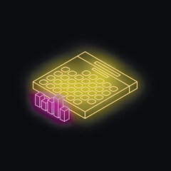 Poster - Isometric neon calculator with growing bar graph symbolizing financial success, data analysis, and accounting