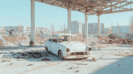 Poster - Deconstructed vintage car under metal awning, scattered tools and parts create a scene of mechanical chaos, evoking nostalgia and a sense of craftsmanship.
