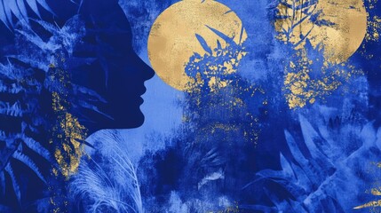 Poster - Abstract Artwork Featuring Silhouette and Gold Accents with Blue Background and Botanical Elements in a Contemporary Style