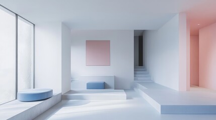 Poster - Minimalist interior design featuring a white space with pink and blue accents highlighting modern aesthetics and serene atmosphere