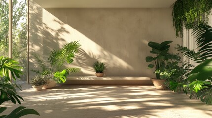 Poster - Bright modern living room with daylight filtered through greenery creating a serene atmosphere and mockup wall for design presentation