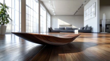 Poster - Elegant Wooden Bowl in Modern Living Room with Natural Light and Minimalist Decor Showcasing Wood Textures and Contemporary Design Elements