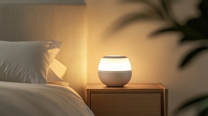 Poster - Elegant minimalist white lamp glowing softly on a wooden bedside table enhancing a serene bedroom ambiance.