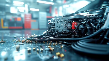 Poster - Disassembled Engine Components in Workshop, scattered hoses and bolts across a concrete floor, industrial setting, tools and equipment in the background, organized chaos of mechanics
