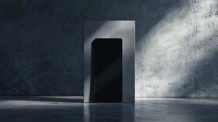 Poster - Minimalist smartphone standing on a pedestal in a modern industrial setting with empty display and dramatic lighting effects