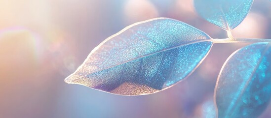 Poster - Vibrant green plant leaf showcasing silver metallic holographic hues illuminated by morning light with ample space for text overlay.