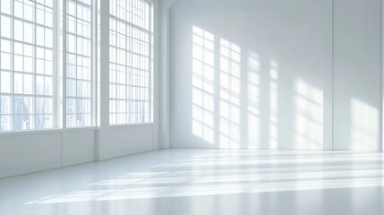 Poster - Bright minimalist interior space with large windows and natural light creating soft shadows on a white floor.
