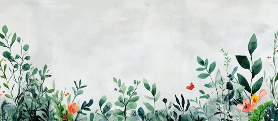 Poster - Floral mural artwork in vibrant green tones with leaves and flowers on a textured cement wall providing a serene natural background for design.