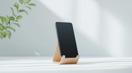 Poster - Minimalist Photorealistic Product Display of a Sleek Smartphone on a Natural Wooden Stand in a Soft Light Environment