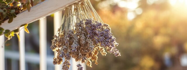 Poster - Dried medicinal herbs bouquet hanging on vintage railing with morning sunlight creating a warm atmosphere and empty space for text insertion