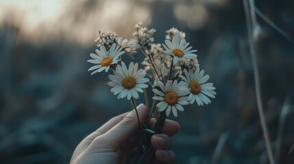 Poster - Elegantly arranged daisies held in a hand, framed by a softly blurred natural backdrop, conveying tranquility and simplicity.