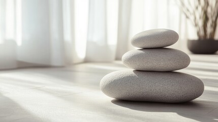 Poster - Zen-Inspired Stacked Stones in Minimalist Natural Light Setting for Serene Home Decor