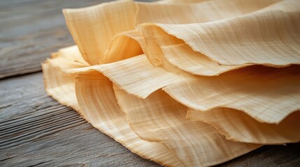 Poster - Sliced poplar tree bark showcasing smooth wood texture and natural veneer layers on rustic wooden background