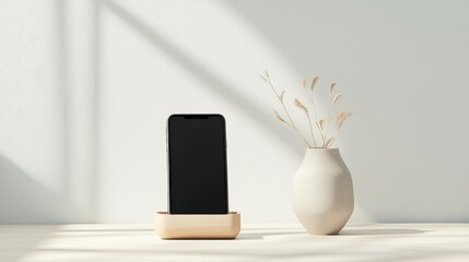 Poster - Minimalist Photorealistic Image of a Phone on a Natural Wooden Dock with a Simple Decorative Vase in a Bright Environment