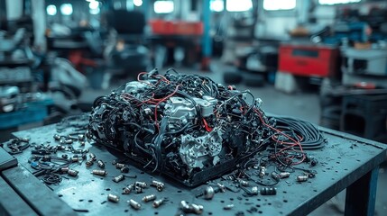 Poster - Dismantled car engine on a steel table, scattered wires and bolts, industrial workspace, mechanical disassembly, automotive repair scene, intricate details and components displayed