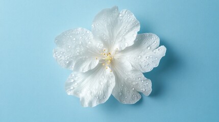 Poster - Delicate white flower with water droplets on petals set against a cyan background representing floral elegance and the beauty of nature