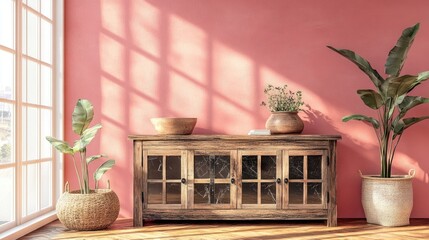 Poster - Rustic wooden cabinet with broken glass doors and lush plants against a pink wall in a sunlit contemporary interior setting
